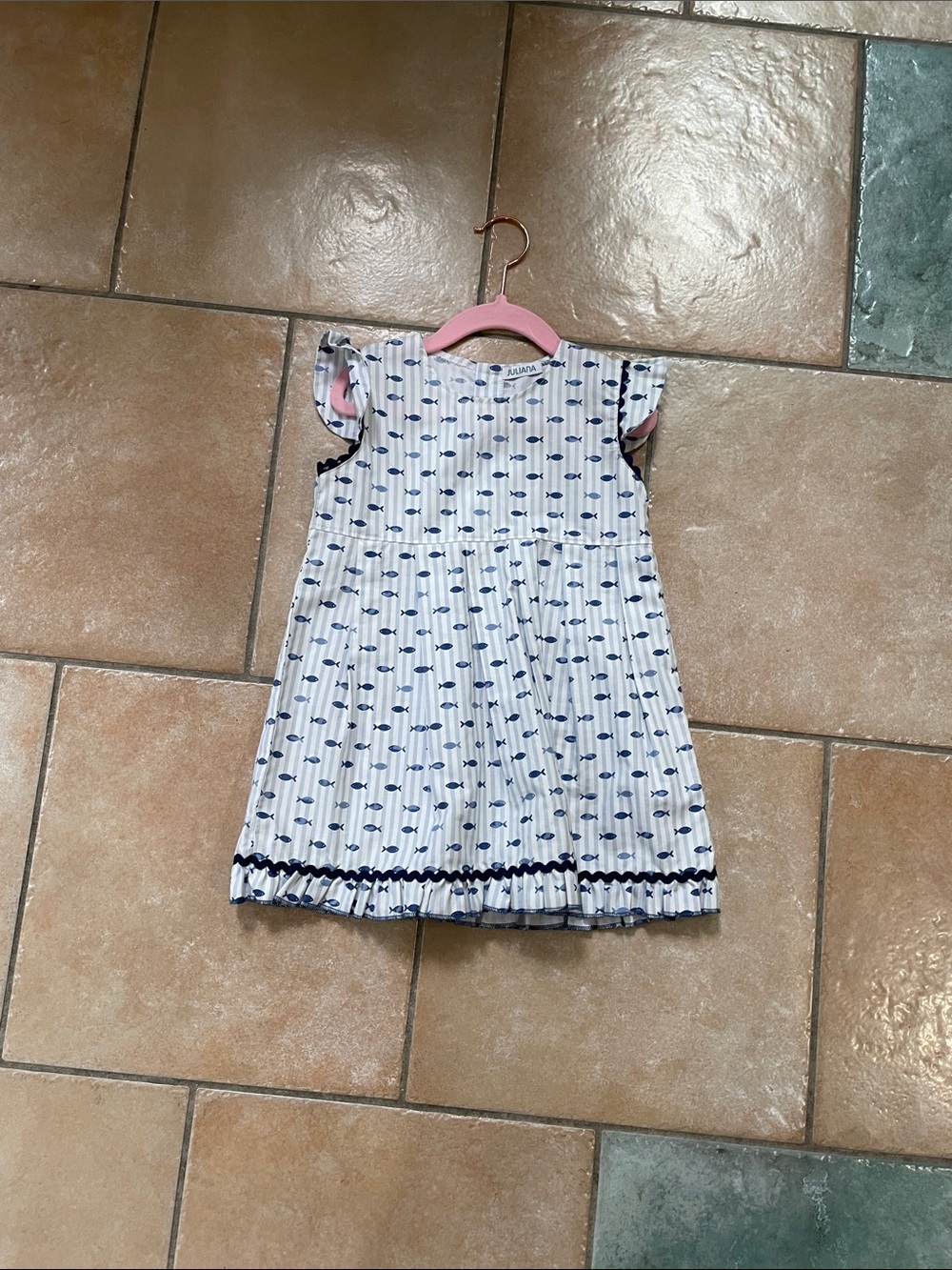 Girls White Cotton Dress with Navy Fish Print